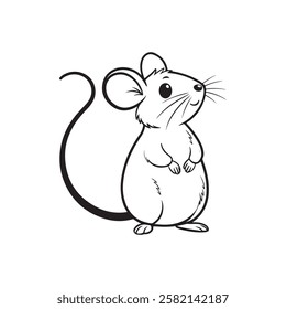 A black and white line drawing of a cute mouse vector.