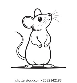 A black and white line drawing of a cute mouse vector.
