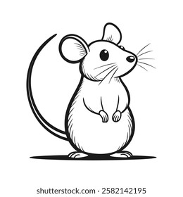 A black and white line drawing of a cute mouse vector.