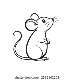 A black and white line drawing of a cute mouse vector.