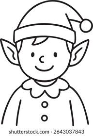 A black and white line drawing of a cute elf wearing a Santa hat and a ruffled collar.