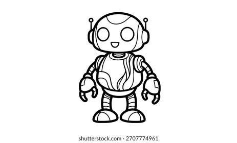 Un dibujo de línea en blanco y negro de un robot de dibujos animados lindo y amigable de pie sobre un fondo blanco. Esta ilustración es perfecta para un libro de colorear para niños.