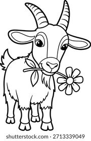 Black and white line drawing of a cute goat eating a flower isolated on a transparent background