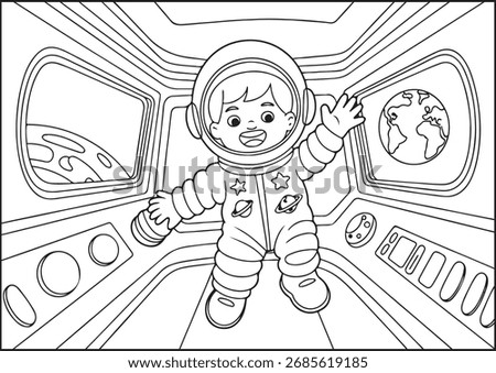 Black and white line drawing of a cute little astronaut floating in a station, in a flight control room, coloring book style.