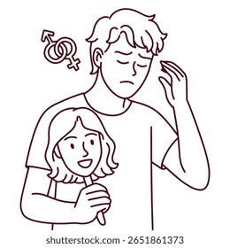 Desenho em linha preta e branca de homem transgênero de pele escura segurando máscara feminina e expressando confusão de identidade de gênero e luta emocional