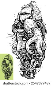 Black and white line drawing of Davy Jones, the fearsome captain of the Flying Dutchman, with a monstrous octopus head and a ship sailing above. Davy Jones Tattoo, Flying Dutchman, Sea Monster