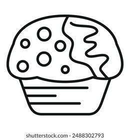 Black and white line drawing of a decorated cupcake, perfect for coloring and culinary themes