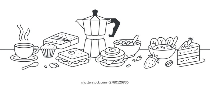 A black and white line drawing depicting a variety of breakfast foods, including coffee, toast, and fruit, set against a white background.