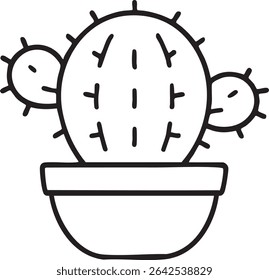A black and white line drawing depicts a cactus in a pot, featuring a round main body and two smaller cacti.