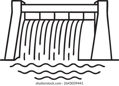 A black and white line drawing depicts a dam with water cascading over it into a body of water with ripples.