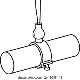 Um desenho de linha preto e branco representa um tubo suspenso por um cabide e um fixador, mostrando um estilo de ilustração técnica.