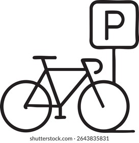 A black and white line drawing depicts a bicycle parked next to a sign with the letter P.