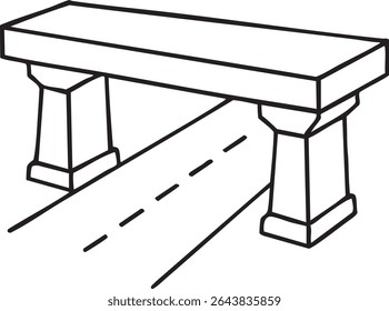 A black and white line drawing depicts a road with dashed lines beneath a concrete overpass supported by two pillars.