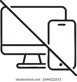 A black and white line drawing depicts a computer monitor and a smartphone with a diagonal line through them, indicating restriction.