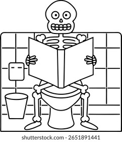 A black and white line drawing depicts a skeleton sitting on a toilet, engrossed in reading a book. A trash can is visible next to the toilet.