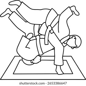 Um desenho em linha preta e branca retrata dois praticantes de judô envolvidos em um lançamento em um tapete. Um atleta está levantando o outro em uma pose dinâmica.