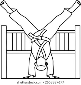 A black and white line drawing depicts a person in a martial arts uniform performing a handstand with their legs spread wide over a set of horizontal and vertical bars.