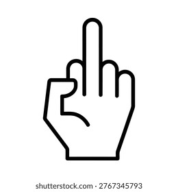 A black and white line drawing depicts a hand displaying the middle finger gesture