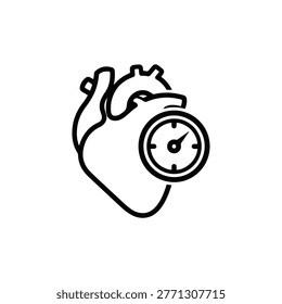 A black and white line drawing depicts a human heart with a clock face integrated within its structure, symbolizing the preciousness and limited nature of time.