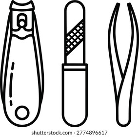 A black and white line drawing depicts essential manicure tools – nail clippers, a nail file, and a pair of tweezers – arranged side-by-side.