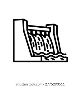 A black and white line drawing depicts a hydroelectric dam structure with water cascading down through openings, suggesting power generation and water control.