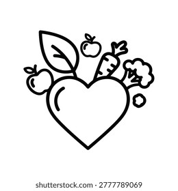 A black and white line drawing depicts a heart shape surrounded by fresh produce, including apples, carrots, broccoli, and a leaf. It symbolizes healthy living.