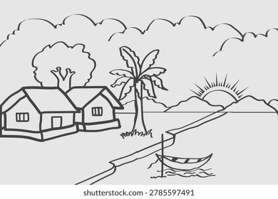 A black and white line drawing depicts a tropical village scene with houses, palm trees, a boat, and a rising sun over water.