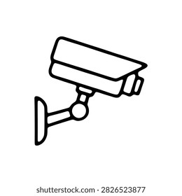A black and white line drawing depicts a security camera angled downwards on a white background securitycamera surveillance monitoring cctv camerasystem