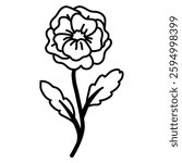 Black and white line drawing of a detailed flower with multiple petals, a central stigma, and two serrated leaves on a straight stem. Ideal for coloring pages or design templates.