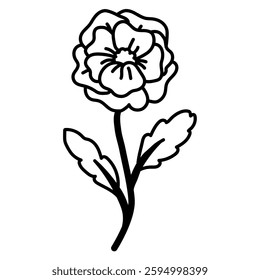 Black and white line drawing of a detailed flower with multiple petals, a central stigma, and two serrated leaves on a straight stem. Ideal for coloring pages or design templates.