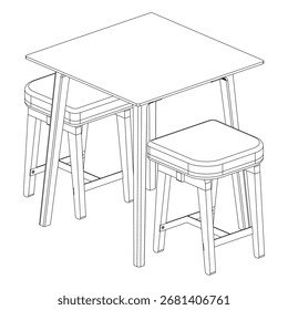Dibujo de línea en blanco y negro de una mesa de comedor con taburetes en vista en perspectiva, estilo de boceto monocromo.