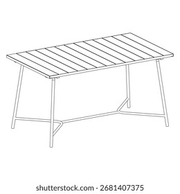 Desenho de linha preto e branco de uma mesa de jantar em perspectiva, esboço de móveis monocromáticos simples.