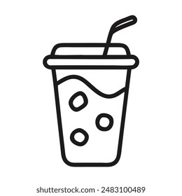 Black and white line drawing of a disposable cup of iced beverage with a straw. Vector illustration