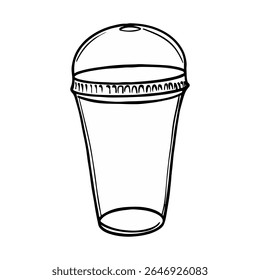 A black and white line drawing of a disposable coffee cup with a lid. Plastic glass for cold lemonade. Cold drink to go outline drawing painted by black inks. Hand drawn vector illustration outline