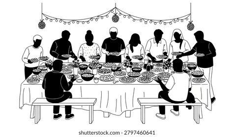 A black and white line drawing of a diverse group of people standing and sitting around a long table filled with various dishes and plates of food