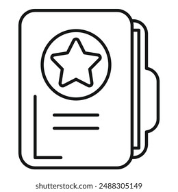 Schwarz-Weiß-Strichzeichnung eines Dokuments mit einem Sternabzeichen, die Premium-Qualität oder Leistung symbolisiert