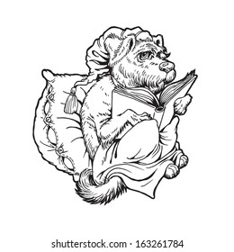 Black and white line drawing dog on a bed reading a book.  From a series of images of funny dogs.