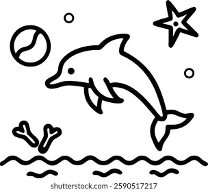  a black and white line drawing of a dolphin leaping gracefully silhouette vector art