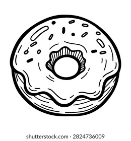 Black and white line drawing of a donut with icing and sprinkles, showcasing a simple yet detailed food illustration.