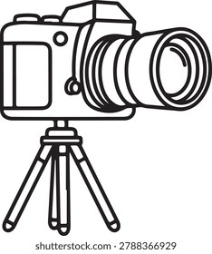 Black and white line drawing of a DSLR camera mounted on a sturdy tripod, ready for use.