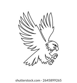 A black and white line drawing of an eagle in flight, wings spread, talons extended, and beak open.