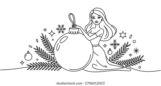 A black and white line drawing of an elegant woman holding a large Christmas ornament, with festive winter foliage and snowflakes.