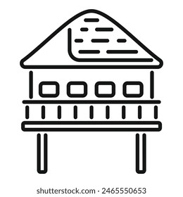 Black and white line drawing of an elevated stilt house, suitable for icons or minimalist designs