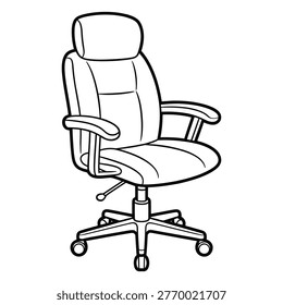A black and white line drawing of an ergonomic office chair with a high back