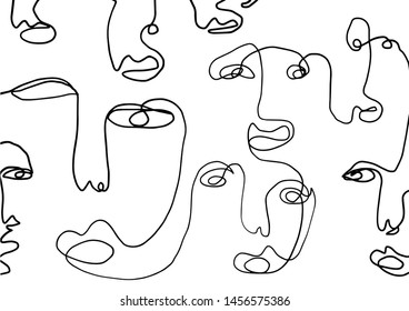 Black and white line drawing face in cubism style. Contemporary abstract portrait. 
