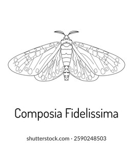 Black and white line drawing of the faithful beauty moth (Composia fidelissima). Detailed insect illustration for coloring books, educational materials, and nature enthusiasts