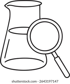 Um desenho a preto e branco apresenta um copo contendo líquido e uma lupa, simbolizando pesquisa científica e exploração.
