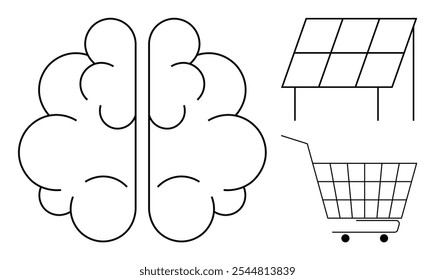 Black and white line drawing featuring a brain, solar panel, and shopping cart. Ideal for technology, sustainability, shopping, education, and innovation themes. Simple minimalist style