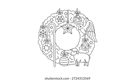 Dibujo de línea en blanco y negro de una corona de Navidades festivas con símbolos icónicos de la natividad como una oveja, un ángel, una estrella y un ladrón de pastor, adornados con adornos.