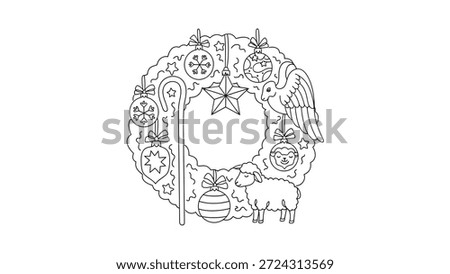 Black and white line drawing of a festive Christmas wreath featuring iconic nativity symbols like a sheep, angel, star, and shepherd's crook, adorned with ornaments.